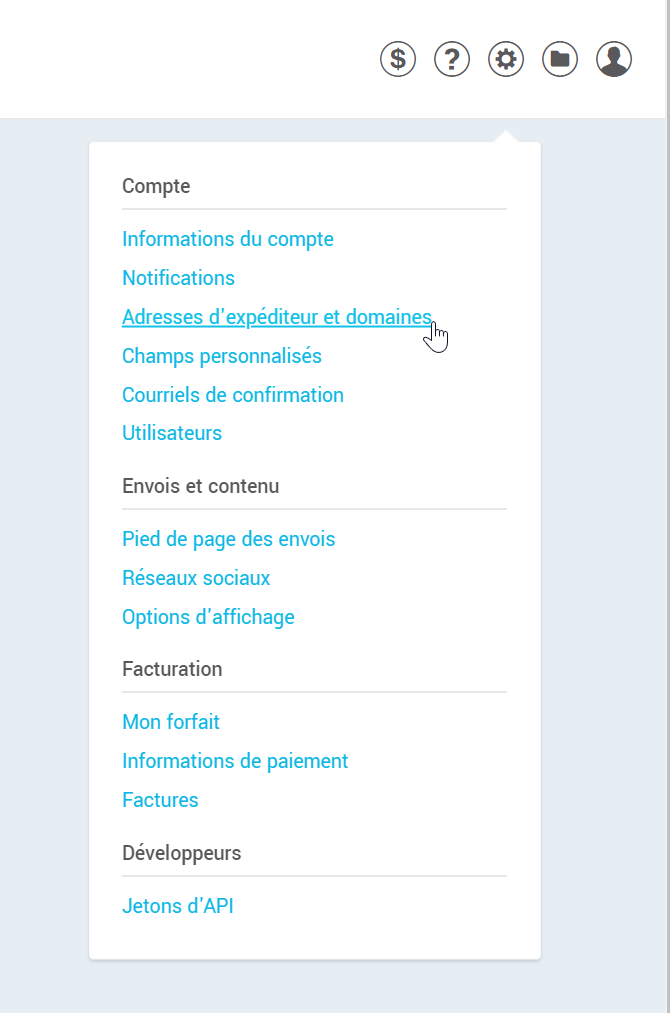 Menu des Adresses d'exp&eacute;diteur et domaines