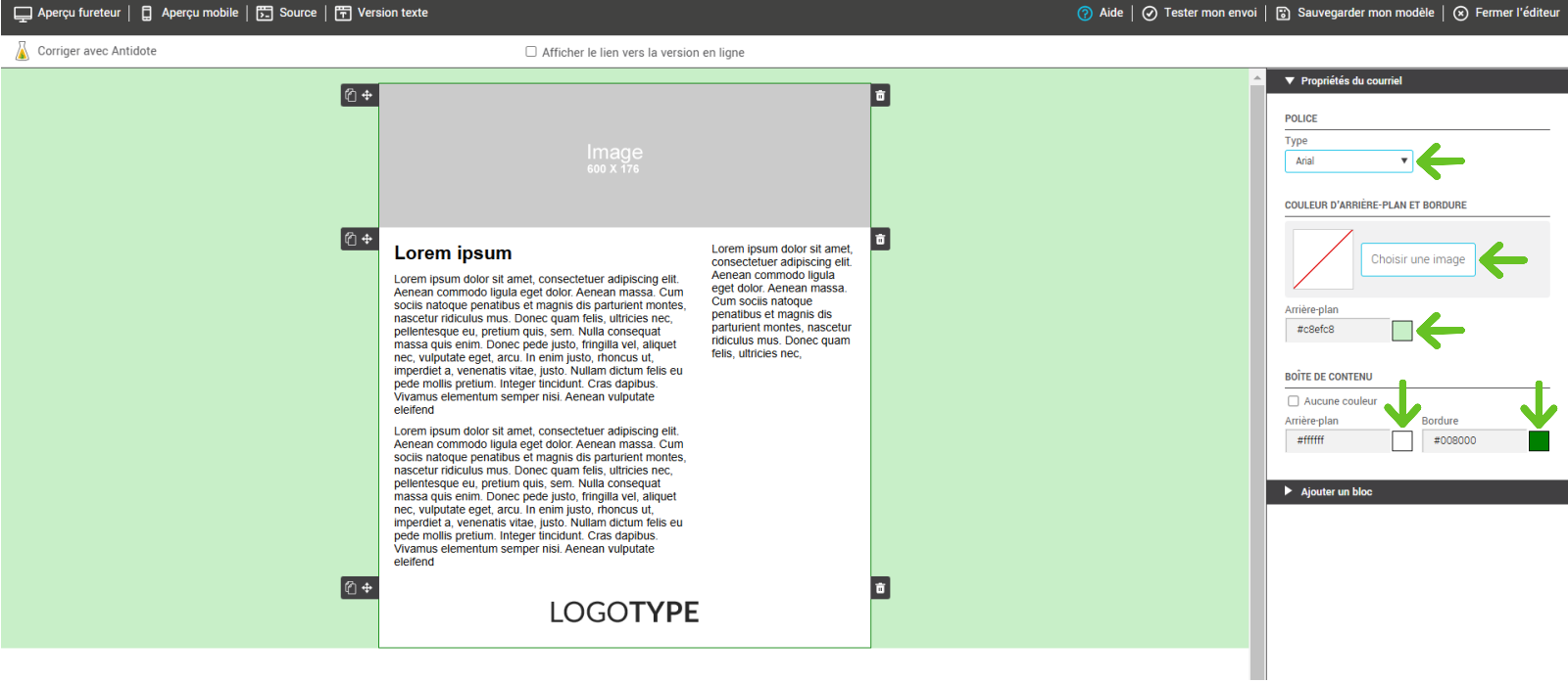 Propri&eacute;t&eacute;s du courriel